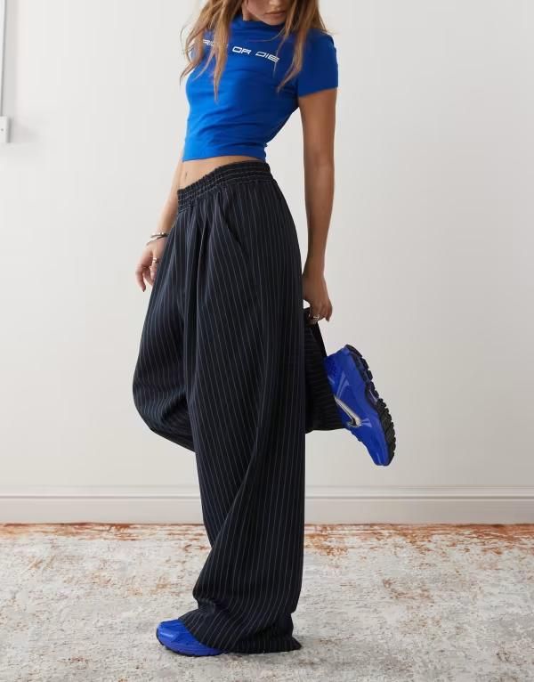 コルージョン レディース ボトムス カジュアルパンツ パンツ COLLUSION relaxed pull on striped pants Blue stripe ブルー