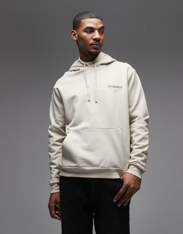オールセインツ メンズ アウター パーカー・スウェット プリント ロゴ AllSaints Underground logo hoodie with back print in sand サンド