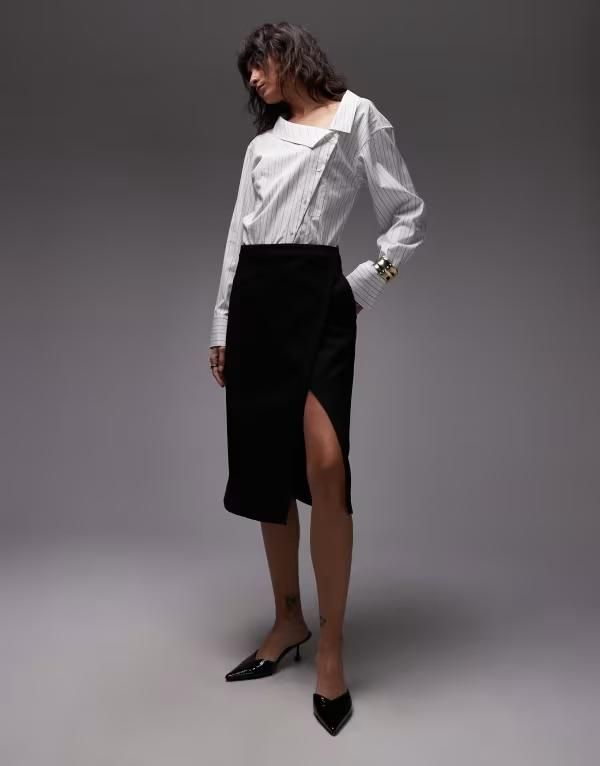 エイソス レディース ボトムスカート ASOS DESIGN awkward length wrap skirt black ブラック