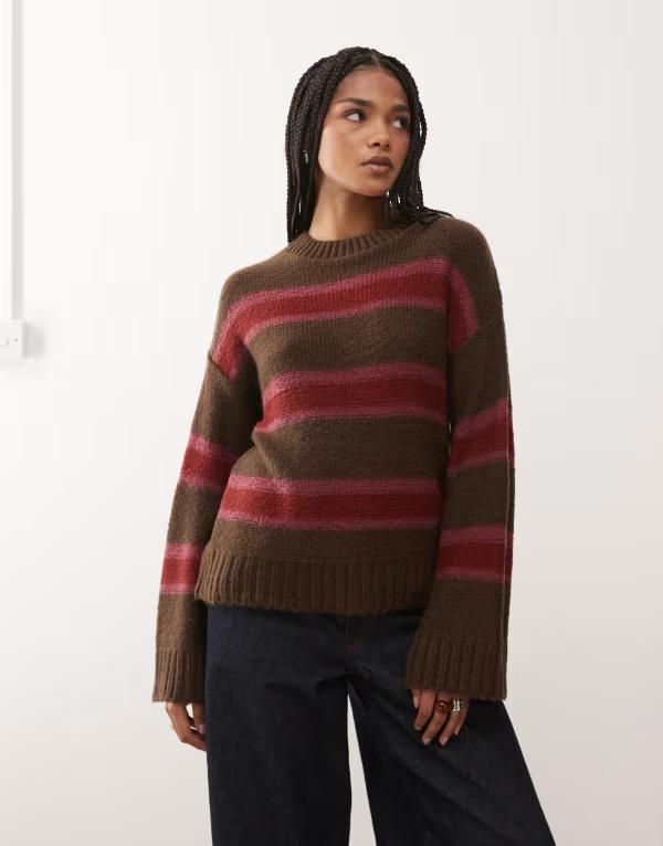 リクレイム ヴィンテージ レディース アウター ニット・セーター Reclaimed Vintage clean knit sweater in plumulti stripes Plum Strip 13,286円