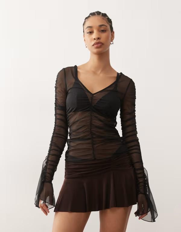 モンキ レディース トップス タンクトップ シアー Monki long sleeve sheer frill top Black ブラック