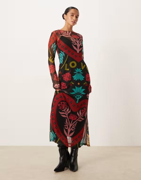 ネバーフリードレスド レディース トップス ワンピース プチ プリント メッシュ Never Fully Dressed Petite mesh midaxi dress in bright abst