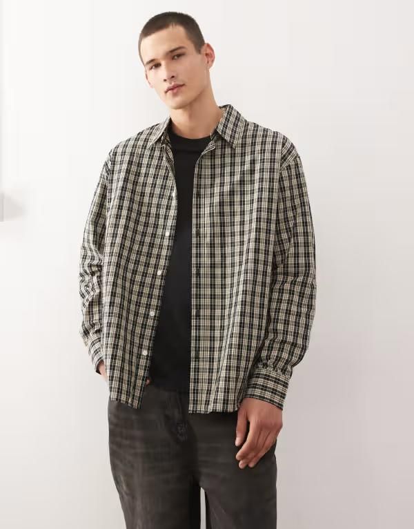 ウィークデイ メンズ トップス シャツ Weekday oversized shirt black check Beige check ベージュ