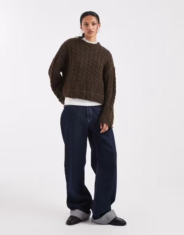 ピーシーズ レディース アウター ニット・セーター Pieces cable knit sweater in chocolate Morel ブラウン