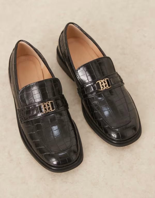 エイソス メンズ シューズ スリッポン・ローファー ASOS DESIGN penny loafers with square toe faux croc with gold hardware Bla
