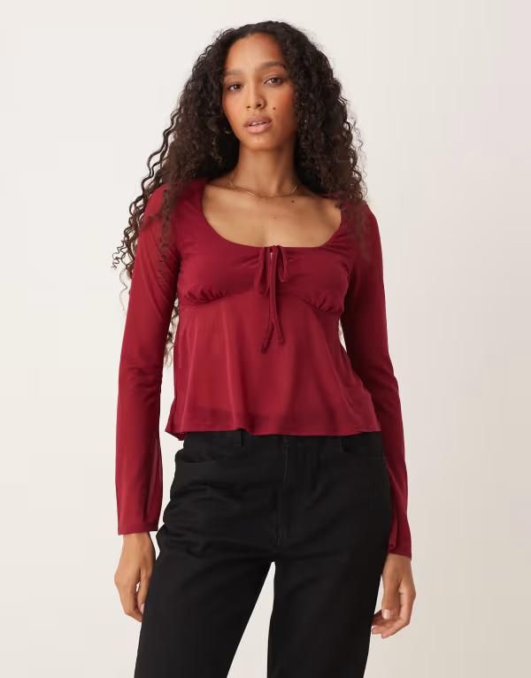 エイソス レディース トップス Tシャツ メッシュ ASOS DESIGN mesh floaty flare sleeve top Burgundy バーガンディ