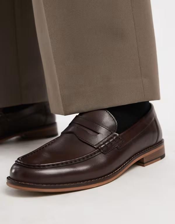 エイソス メンズ シューズ スリッポン・ローファー レザー ASOS DESIGN penny loafers leather BROWN ブラウン