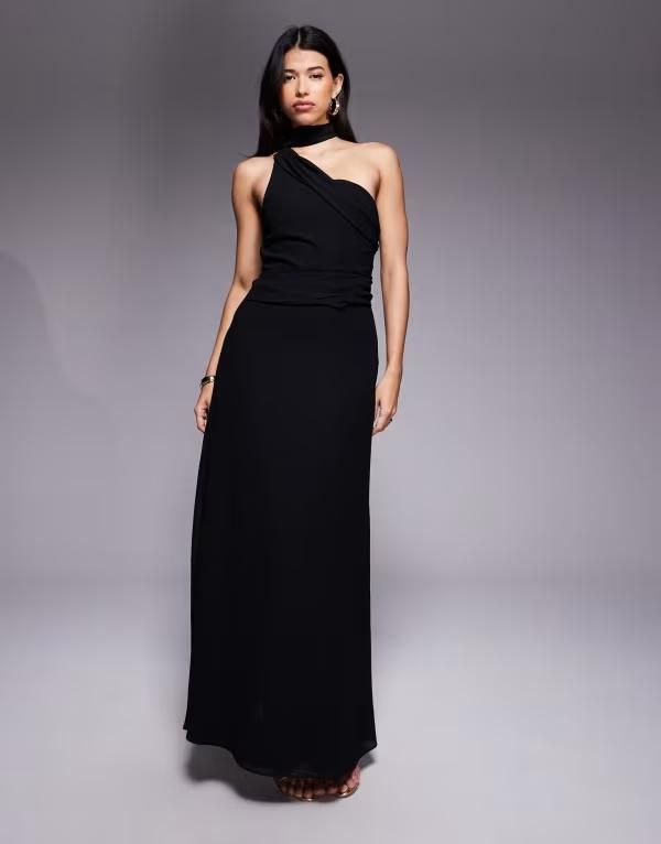 ティエフエヌシー レディース トップス ワンピース ワンショルダー マキシ TFNC oneshoulder scarf neck maxi dress Black ブラック