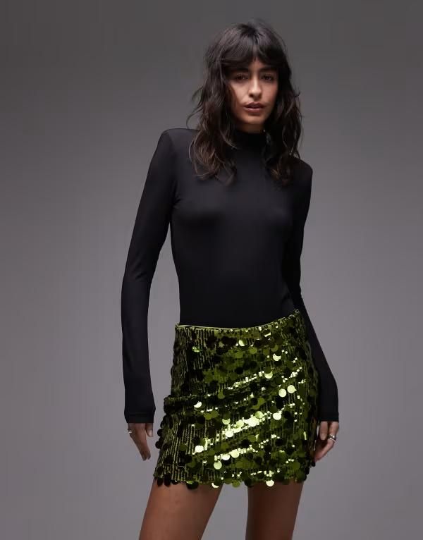 エイソス レディース ボトムスカート ミニ スパンコール ASOS DESIGN mixed sequin mini skirt Green グリーン