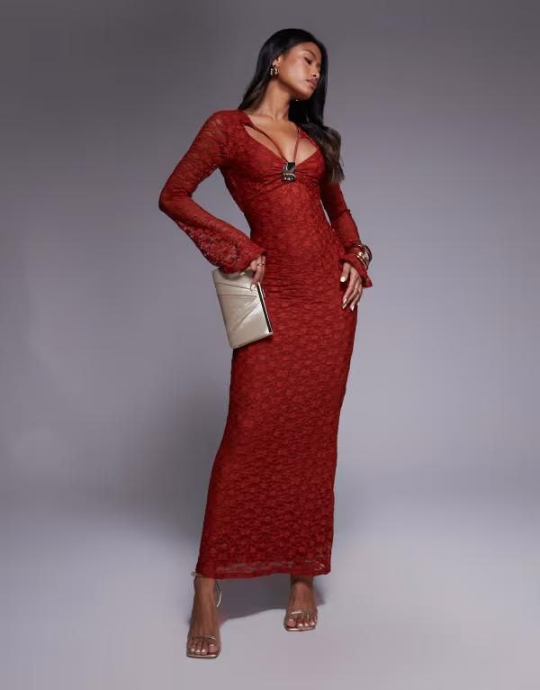 エイソス レディース トップス ワンピース カットアウト マキシワンピース レース マキシ ASOS DESIGN lace angel sleeves maxi dress with front c