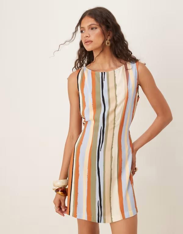 エイソス レディース トップス ワンピース ミニワンピース ミニ リネン ASOS DESIGN linen blend slash neck mini dress in multi color st 12,030円