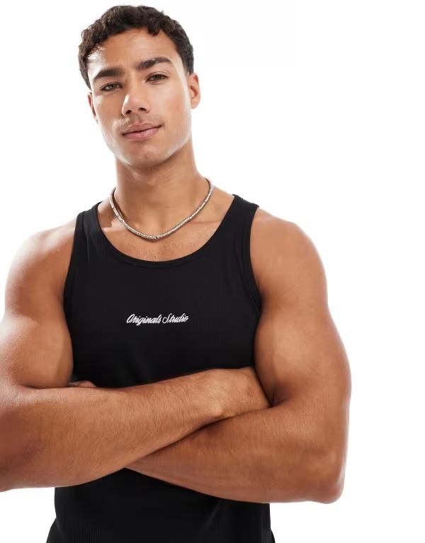 ジャック アンド ジョーンズ メンズ トップス ベスト リブ Jack Jones ribbed tank top with embroidery Black ブラック