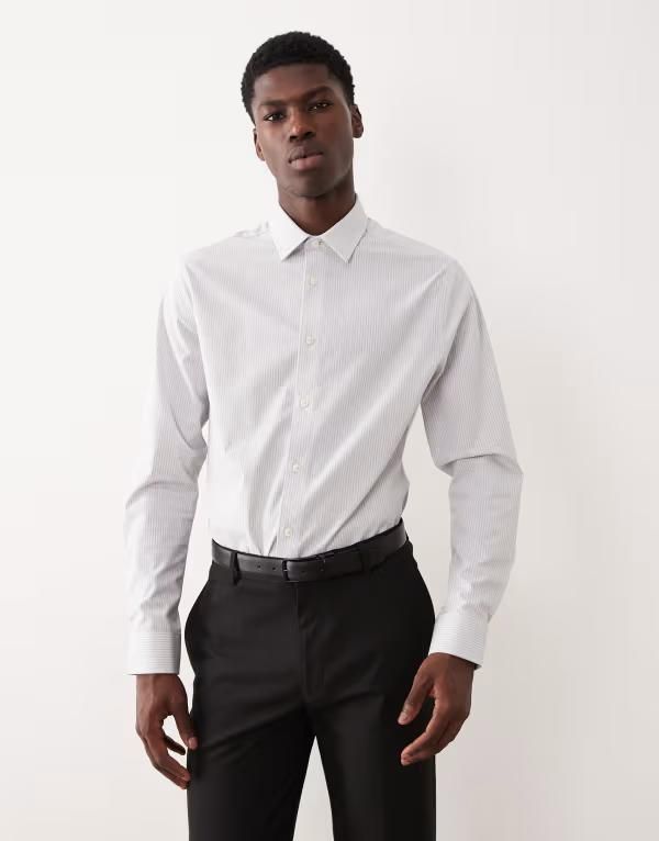 エイソス メンズ トップス シャツ スリムフィット ASOS DESIGN slim fit dresshirt with raised texture stripes Gray グレー