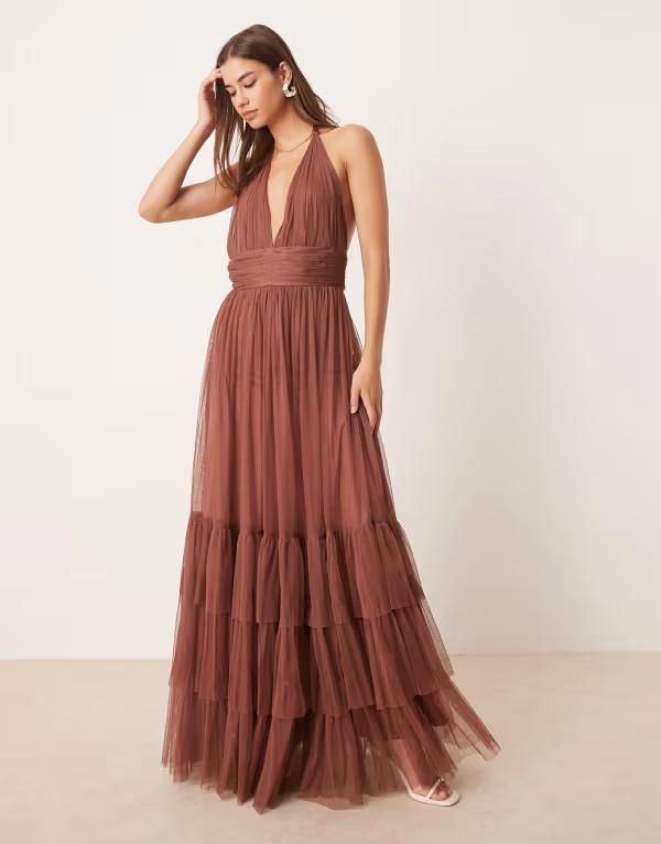 レース アンド ビーズ レディース トップス ワンピース ティアード マキシワンピース マキシ ホルター Lace Beads halterneck tiered maxi dress in rose