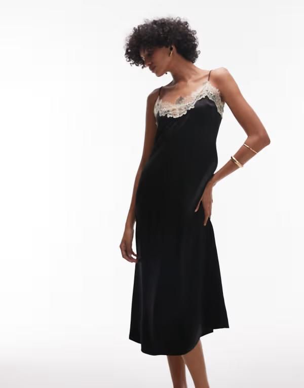 アンドアザーストーリーズ レディース トップス ワンピース レーストリム ミディ サテン コントラスト レース Other Stories satin midi slip dress with whi