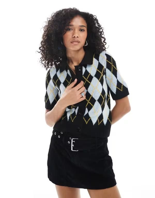 ヴェロモーダ レディース アウター カーディガン ポロシャツ プリント Vero Moda short sleeve polo neck cardigan argyle print Blue Argy