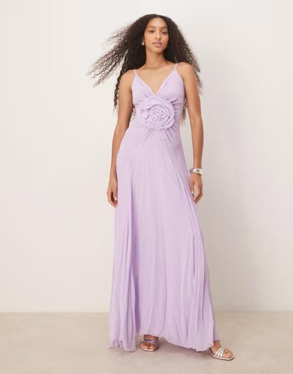 レース アンド ビーズ レディース トップス ワンピース マキシワンピース マキシ Lace Beads maxi dress with rose detail in Lilac LILAC ライラッ