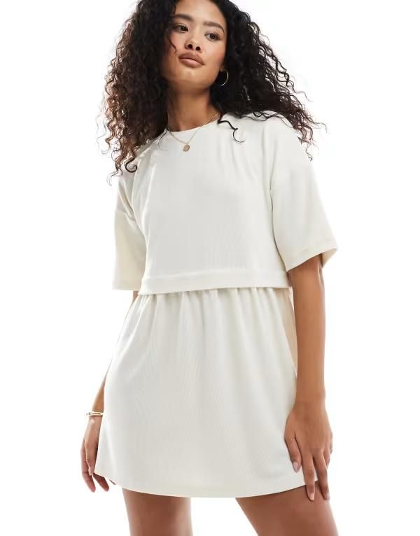 ミスセルフフリッジ レディース トップス ワンピース リブニット ニット Miss Selfridge short sleeve rib knit layered smock dress in ecr