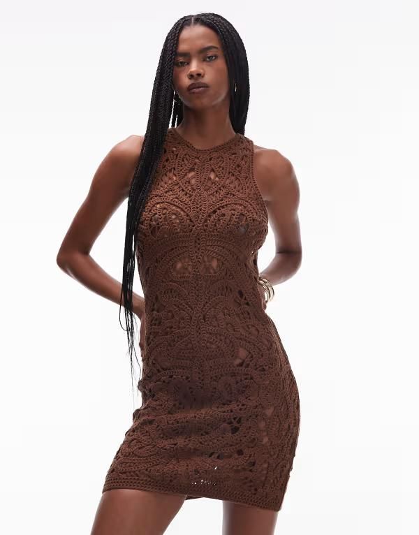 トップショップ レディース トップス ワンピース ミニワンピース ミニ ニット Topshop knit premium crochet mini dress in chocolate Chocola