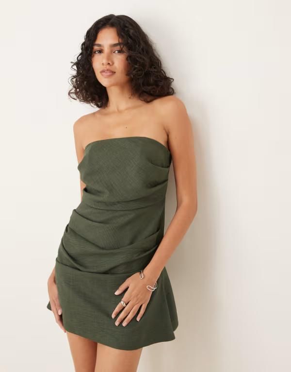 エイソス レディース トップス ワンピース ミニワンピース ミニ ASOS DESIGN manipulated bandeau mini dress in dark Dark green グリーン