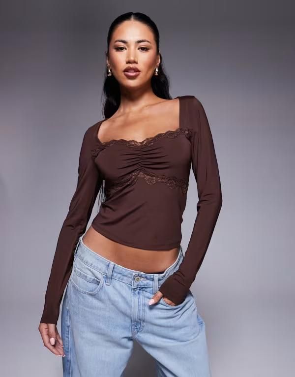 エイソス レディース トップス Tシャツ レーストリム ギャザー レース ASOS DESIGN slinky lace trim square neck ruched front long slee
