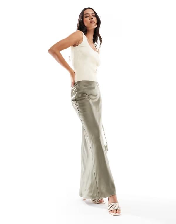 フォースレックレス レディース ボトムス スカート サテン マキシ 4th Reckless satin column maxi skirt in olive OLIVE オリーブ