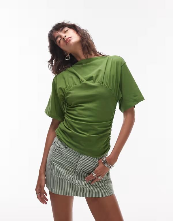トップショップ レディース トップス Tシャツ ギャザー Topshop ruched detail short sleeve top GREEN グリーン