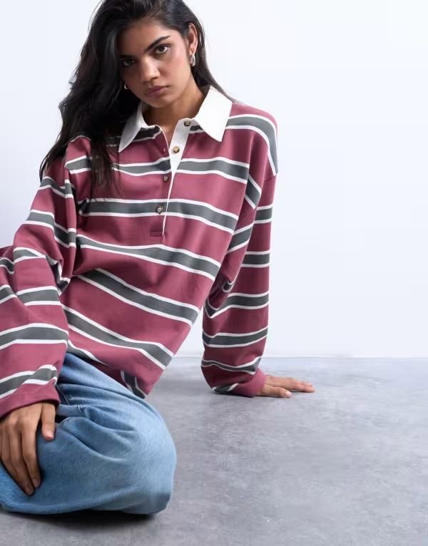 トップショップ レディース トップス ポロシャツ ジャージー Topshop jersey stripe rugby long sleeve polo Burgundy stripe バーガンディ
