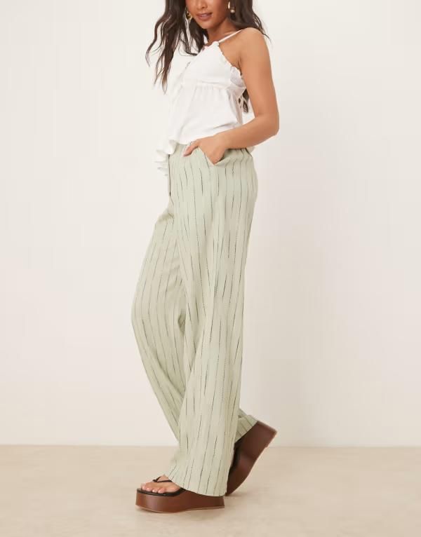 エイソス レディース ボトムス カジュアルパンツ ストレート パンツ リネン ASOS DESIGN relaxed straight leg pants with linen in sage squ