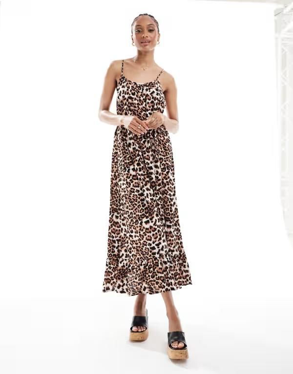 ベロモーダ レディース トップス ワンピース プリント アンクル Vero Moda Tall cami ankle dress in leopard print Tan leo タン