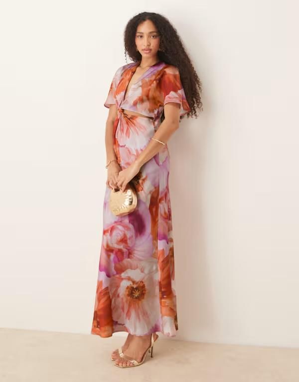 エイソス レディース トップス ワンピース カットアウト ミディワンピース フラワー柄 ミディ サテン フラワー ASOS DESIGN satin knot detail cutout midi d