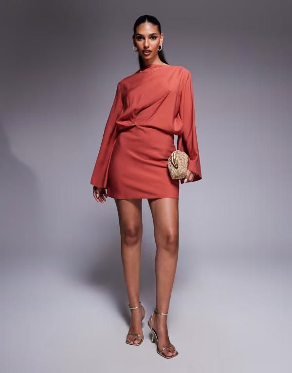 エイソス レディース トップス ワンピース ミニワンピース ミニ ASOS DESIGN long sleeve tucked waist bias cut mini dress in rustラスト