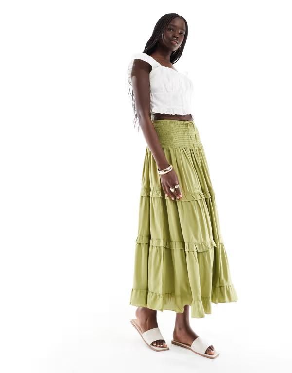 ウェンズデーガール レディース ボトムス スカート ティアード フリル Wednesdays Girl tiered ruffle midaxi boho skirt SAGE GREEN グリーン