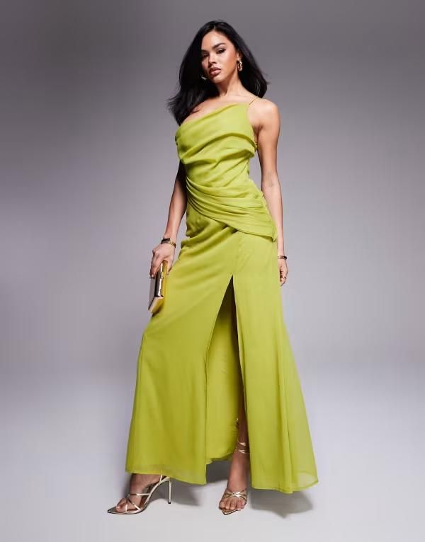 エイソス レディース トップス ワンピース マキシワンピース ドレープ マキシ ASOS DESIGN one shoulder draped maxi dress in olive OLIVE GR