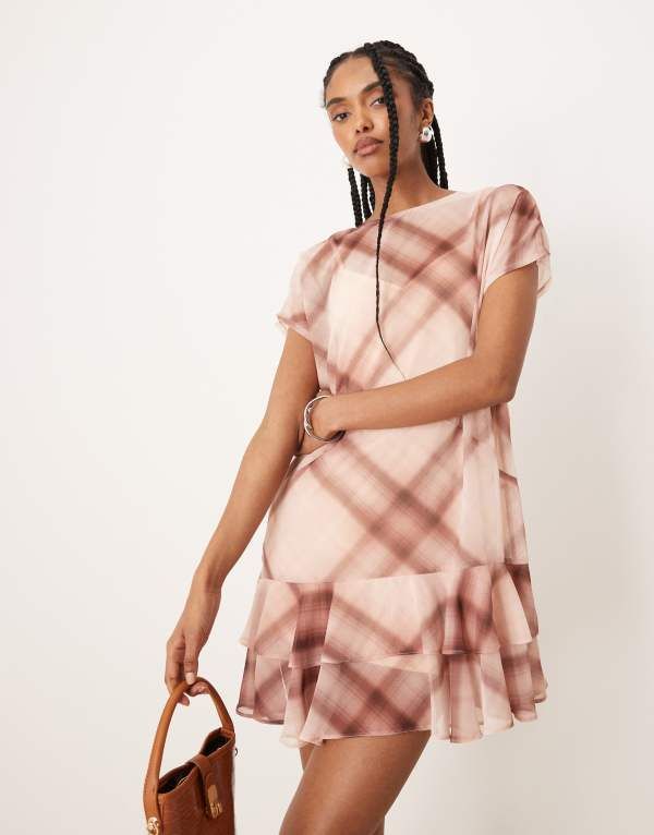 エイソス レディース トップス ワンピース ミニワンピース フリル ミニ ASOS DESIGN ruffle smock mini dress plaid Pink check ピンク