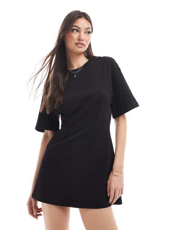 モンキ レディース トップス ワンピース シャツワンピース ウエストマーク Tシャツ Monki tshirt dress with cinched waist Black ブラック