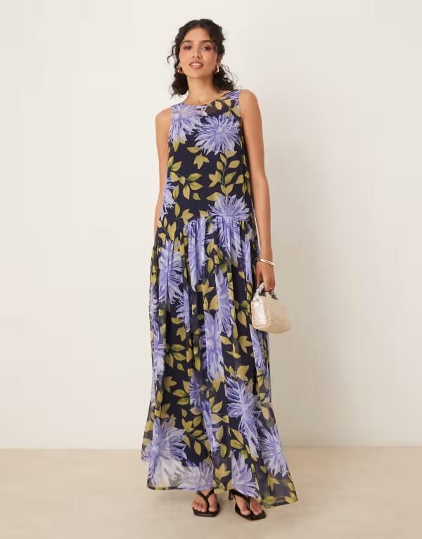 エイソス レディース トップス ワンピース マキシワンピース フラワー柄 プリント マキシ フラワー ASOS DESIGN racer neck smock maxi dress in blown 15,386円