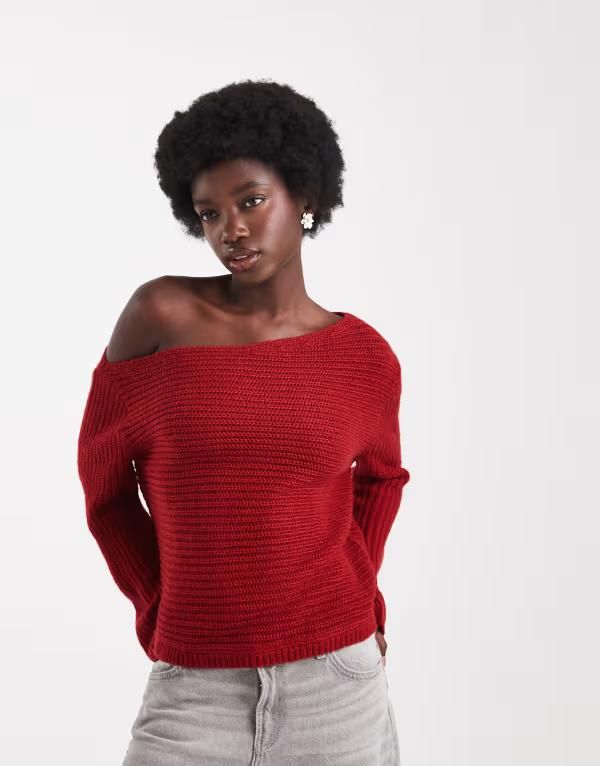 エイソス レディース アウター ニット・セーター セーター ニット ASOS DESIGN knit off the shoulder slouchy sweater Red レッド