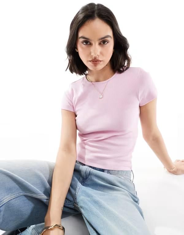 ヴェロモーダ レディース トップス Tシャツ リブ Vero Moda ribbed round neck Tshirt in baby pink ピンク