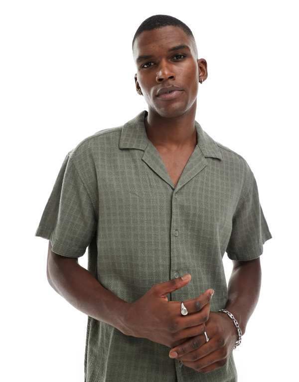 オンリーアンドサンズ メンズ トップス シャツ リネン ONLY SONS short sleeve linen textured shirt Dusty olive オリーブ