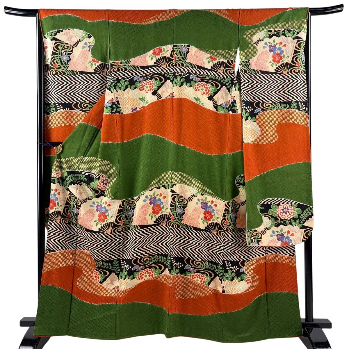 振袖 身丈163.5cm 裄丈65cm M 袷 扇 草花 金彩 緑 正絹 秀品 【中古】