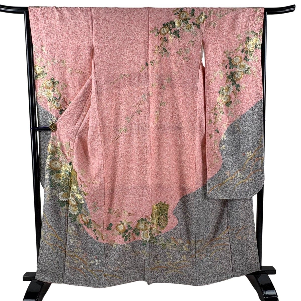 振袖 身丈161.5cm 裄丈65cm M 袷 御所車 草花 金銀彩 ピンク 正絹 秀品 【中古】