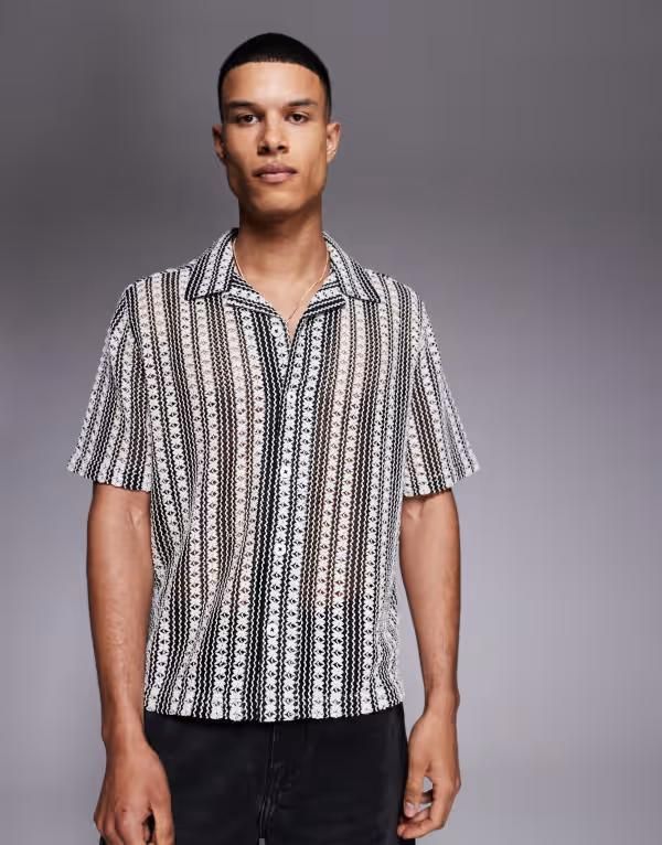 エイソス メンズ トップス シャツ ASOS DESIGN boxy deep revere crochet shirt and white stripe Whiteblack ホワイト