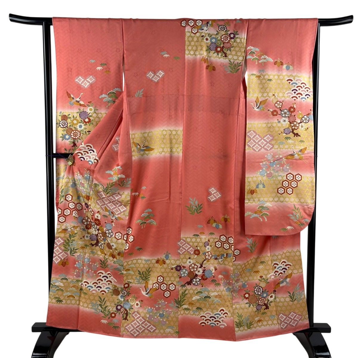 振袖 身丈162.5cm 裄丈64cm M 袷 落款 鶴 松竹梅 金糸 金彩 ピンク 正絹 秀品 【中古】