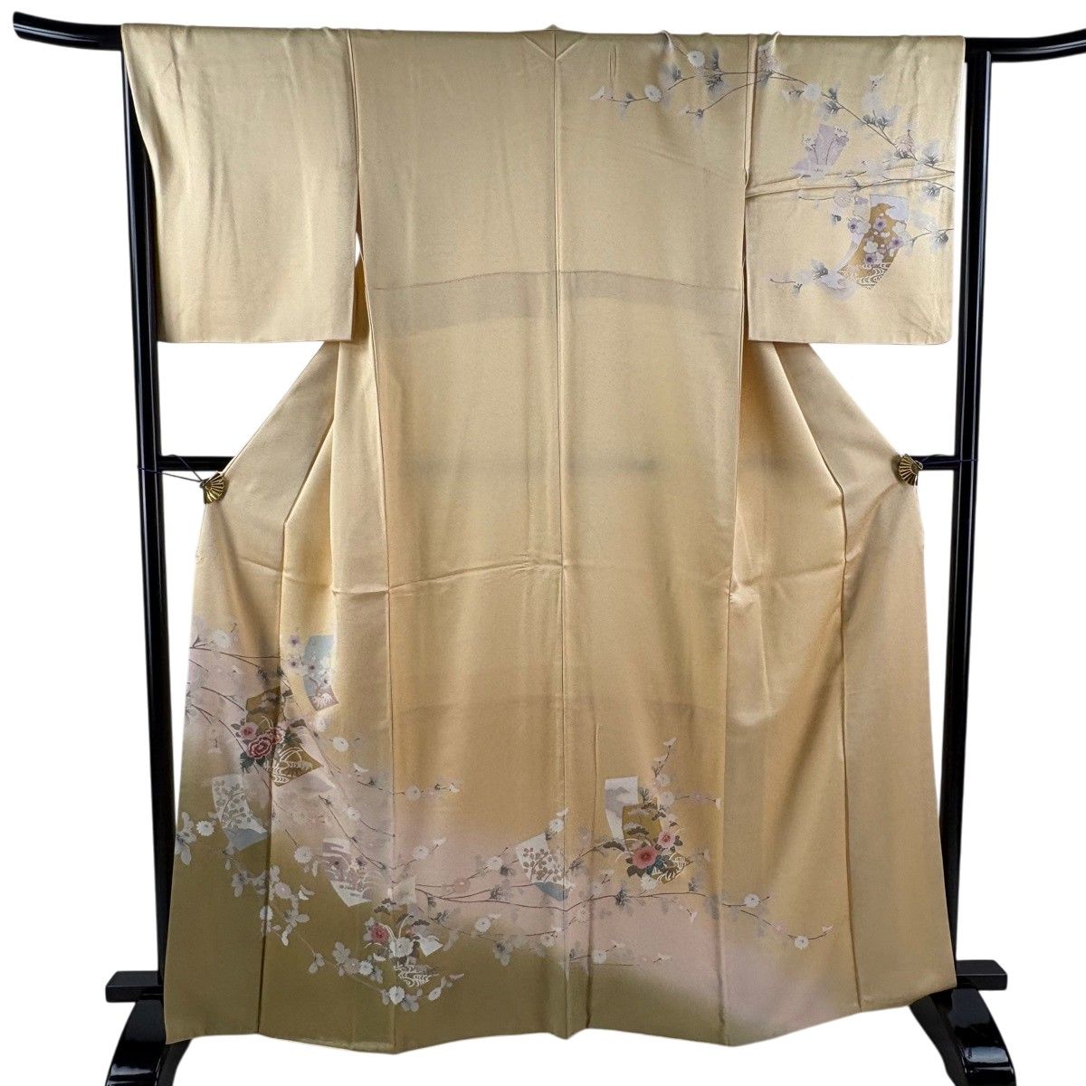 訪問着 身丈165.5cm 裄丈65.5cm M 袷 松竹梅 短冊 刺繍 金糸 ベージュ 正絹 秀品 【中古】