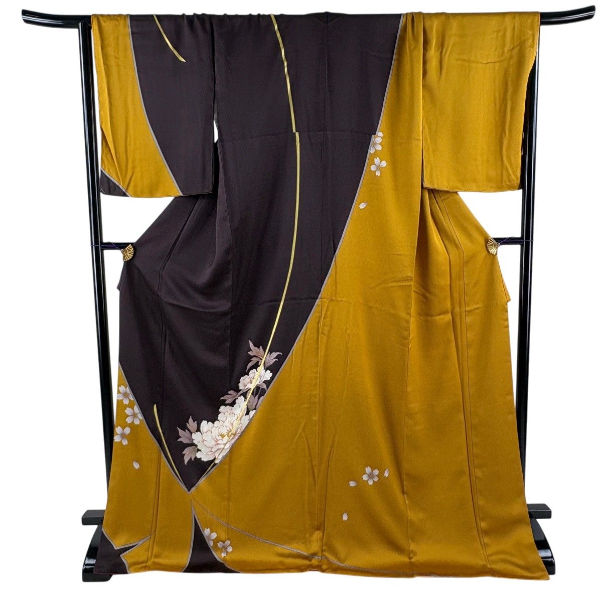 【美品】 訪問着 身丈175cm 裄丈70cm L 袷 牡丹 桜 金糸 金彩 茶紫 正絹 秀品 【中古】