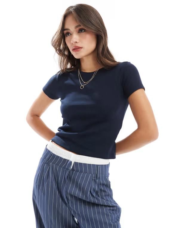 ヴェロモーダ レディース トップス Tシャツ リブ Vero Moda ribbed round neck tshirt NAVY ネイビー