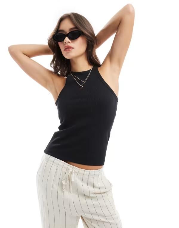 ヴェロモーダ レディース トップス ベスト リブ Vero Moda ribbed racer neck tank top Black ブラック