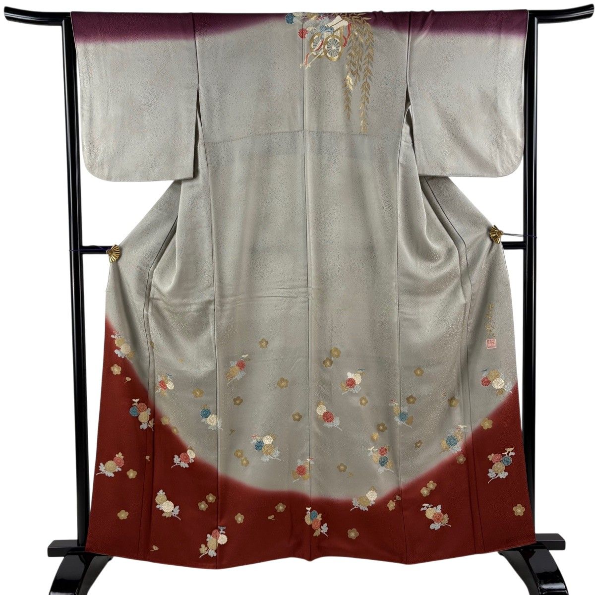 訪問着 身丈161.5cm 裄丈64.5cm M 袷 中村乃武夫 落款 菊 梅 金彩 染分け 灰色 正絹 秀品 【中古】