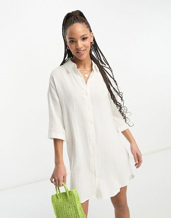 ヴェロモーダ レディース トップス ワンピース シャツワンピース シャツ Vero Moda textured oversized shirt dress WHITE ホワイト